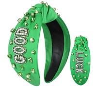 NVENF Serre-tête pour la Saint-Patrick pour femme - Bandeau noué avec trèfle vert avec strass et feuille de chance - Large nœud sur le dessus - Accessoires de fête de la Saint-Patrick - Cadeaux (Good