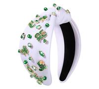 NVENF Serre-tête pour la Saint-Patrick pour femme - Bandeau noué avec trèfle vert en strass et cristal - Motif feuille porte-bonheur - Large nœud supérieur - Accessoires de fête de la Saint-Patrick