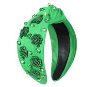 NVENF Serre-tête pour la Saint-Patrick pour femme - Bandeau noué avec trèfle vert en strass et cristal - Motif feuille porte-bonheur - Large nœud supérieur - Accessoires de fête de la Saint-Patrick
