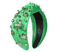 NVENF Serre-tête pour la Saint-Patrick pour femme - Bandeau noué avec trèfle vert et strass - Feuille de chance - Large nœud supérieur - Accessoires de fête de la Saint-Patrick - Cadeaux (feuille M)