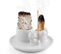 NVGVUP 4 en 1 Porte-encens, Bol d'encens Convient à Tout Encens, Palo Santo, Sauge Blanche et Bougeoir, Motif Patte de Chat Brûleur D'encens pour Méditation, Yoga