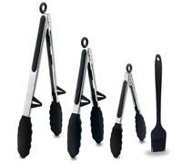 NVGVUP Lot De 4 Pinces De Cuisine RéSistante à La Chaleur, Pince Cuisine Silicone Avec Verrou De SéCurité, Avec Brosse En Silicone, En Acier Inoxydable, Pour Cuisiner, Griller, Buffet