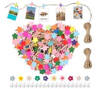 NVGVUP Mini Pince a Linge Bois, 100 Pcs Clips Photo Pinces Décoratives pour DIY Photo, Mariage, Décoration de fête, Calendrier de l'Avent, Petite Pinces à Linge avec 10 Punaise Fleurie(Coloré Fleurs)