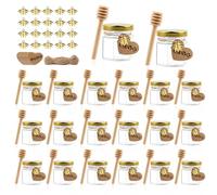 NVIYAM 20 Pcs 45ml Mini pots à miel en verre, Mini Pots à Miel en Verre Hexagonaux avec Louches en Bois, Pendentifs Abeille, Mini pots de confiture pour épices, herbes, cadeaux de mariage