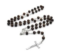 NVOQILIN Collier en bois avec pendentif en forme de croix pour homme et femme - Perles en bois sculptées - Long chapelet catholique - Bijoux masculins - Collier de perles en bois pour femme