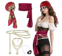 NVTEGR Lot de 5 accessoires de pirate pour femme, accessoires de jeu de rôle avec foulard, ceinture, cache-œil et chaîne de taille, costume de pirate pour Halloween, fête masquée