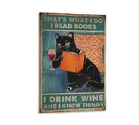 NVTTYIA Poster de chat noir lisant des livres pour amateurs de vin - Art mural amusant - Décoration littéraire pour la maison et le bureau - Cadeau pour les vers de bibliothèque - Décoration de style