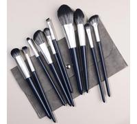 Nvzi Lot de 10 pinceaux de maquillage synthétiques de qualité supérieure pour fond de teint, poudre, anti-cernes, fard à paupières, blush, bleu Nvay avec sac de rangement gris foncé