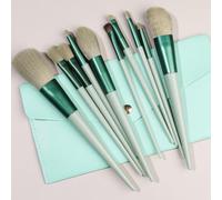 Nvzi Lot de 10 pinceaux de maquillage synthétiques de qualité supérieure pour fond de teint, poudre, anti-cernes, fard à paupières, pinceaux de maquillage vert pâle avec sac de rangement vert