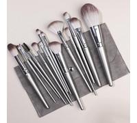 Nvzi Lot de 12 pinceaux de maquillage synthétiques de qualité supérieure pour fond de teint, poudre, anti-cernes, fard à paupières, blush argenté, avec sac de rangement gris foncé