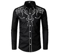 NW Chemise à manches longues brodée pour homme Coupe ajustée Style western Cowboy Fête de mariage, Noir , XL