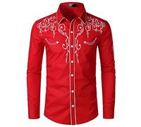 NW Chemise à manches longues brodée pour homme Coupe ajustée Style western Cowboy Fête de mariage, Rouge, L
