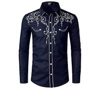 NW Chemise de cowboy brodée à manches longues pour homme Coupe ajustée Style western, bleu marine, XXL