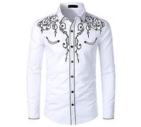 NW Chemise de cowboy élégante brodée à manches longues pour homme Coupe ajustée Style western, blanc, M