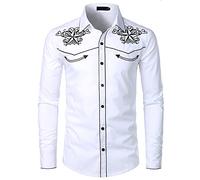 NW Chemise de cowboy élégante brodée à manches longues pour homme Coupe ajustée Style western, Blanc 01., M