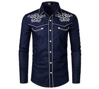 NW Chemise de cowboy élégante brodée à manches longues pour homme Coupe ajustée Style western, Bleu marine 01., L