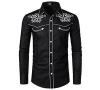 NW Chemise de cowboy western élégante brodée à manches longues pour homme Coupe ajustée, Noir-01., M