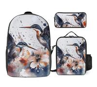 NWGHM Art with Lily Flowers Birds Watercolor Ensemble sac à dos avec boîte à déjeuner, trousse à crayons, sac à dos de voyage décontracté pour ordinateur portable pour homme et femme, blanc, taille