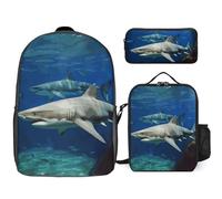 NWGHM Ensemble sac à dos deux requins blancs avec boîte à déjeuner, trousse à crayons, sac à dos de voyage décontracté pour ordinateur portable pour homme et femme, blanc, taille unique, blanc, Taille