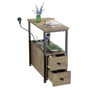 nwixbqoqn Table d'appoint avec Station de Charge, Table de Chevet avec Prise et USB, 2 Tiroirs, Table de Chevet étroite, Bout de Canapé Bois pour Salon, Chambre, Bureau, Gris, 60X30X61cm