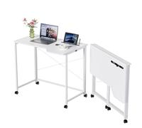 nwixbqoqn Table de Bureau Pliante avec Roulante Verrouillable 90x56x75cm, Petit Table d'Ordinateur Bureau Pliable avec Fente pour Tablette pour Étudier, Travailler, Chambre, Bureau à Domicile, Blanc