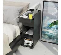 nwixbqoqn Table de Chevet Étroite, Table de Nuit Étroite avec roulettes, 1 Tiroir Couvercle Coulissant, 2 Compartiments Ouverts, Table d'appoint pour Chambre, Salon, 45x25x70cm, Noir