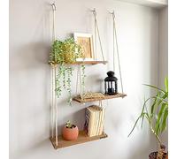 NWOOD Étagères murales suspendues à 3 niveaux avec autocollants, étagère bohème, décoration de chambre en bois rustique avec corde macramé en coton pour plantes, ferme, salon, chambre à coucher et