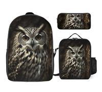 NWTRJ An Owl Ensemble sac à dos 3 pièces avec sac à déjeuner et trousse à crayons Sac à dos de voyage léger décontracté pour homme et femme