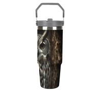 NWTRJ An Owl - Gobelet de 887 ml avec poignée sur le dessus - Tasse à café isotherme en acier inoxydable avec couvercle et paille - Bouteille d'eau étanche pour homme et femme