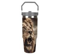 NWTRJ Angry Lion - Gobelet de 887 ml avec poignée sur le dessus - Tasse à café isotherme en acier inoxydable avec couvercle et paille - Bouteille d'eau étanche pour homme et femme