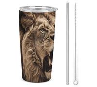 NWTRJ Angry Lion - Gobelet isotherme de 591 ml en acier inoxydable avec couvercle et paille - Tasse à café de voyage pour café, thé, boissons