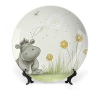 NWTRJ Assiettes décoratives en céramique motif hippopotame et pissenlit de 25,4 cm avec présentoir - Ornement en céramique fait à la main pour la maison, la cuisine, la chambre à coucher
