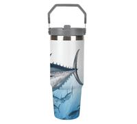 NWTRJ Bluefin Tuna Thunnus - Gobelet de 887 ml avec poignée sur le dessus - Tasse à café isotherme en acier inoxydable avec couvercle et paille - Bouteille d'eau étanche pour homme et femme