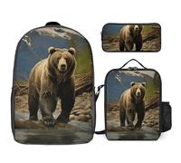 NWTRJ Brown Bear Ensemble sac à dos 3 pièces avec sac à déjeuner et trousse à crayons, sacs de voyage légers et décontractés pour homme et femme