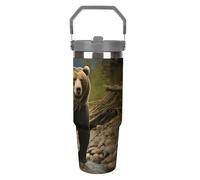 NWTRJ Brown Bear - Gobelet de 887 ml avec poignée sur le dessus - Tasse à café isotherme en acier inoxydable avec couvercle et paille - Bouteille d'eau étanche pour homme et femme