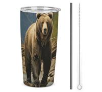 NWTRJ Brown Bear Gobelet isotherme de 591 ml en acier inoxydable avec couvercle et paille pour café, thé et boissons