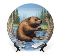 NWTRJ Busy Beaver Assiettes décoratives en céramique de 25,4 cm avec support de présentation, décoration en céramique faite à la main pour la maison, la cuisine, la chambre à coucher