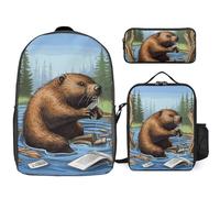 NWTRJ Busy Beaver Ensemble sac à dos 3 pièces avec sac à déjeuner et trousse à crayons Sac à dos léger décontracté pour homme et femme
