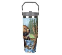 NWTRJ Busy Beaver Gobelet de 887 ml avec poignée sur le dessus en acier inoxydable isotherme avec couvercle et paille - Bouteille d'eau étanche pour homme et femme