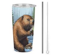 NWTRJ Busy Beaver Gobelet isotherme de 591 ml en acier inoxydable avec couvercle et paille pour café, thé, boissons