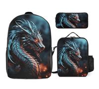 NWTRJ Dragon Ensemble sac à dos 3 pièces avec sac à déjeuner et trousse à crayons, sacs de voyage pour ordinateur portable léger et décontracté pour homme et femme