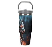 NWTRJ Dragon - Gobelet de 887 ml avec poignée sur le dessus - Tasse à café isotherme en acier inoxydable avec couvercle et paille - Bouteille d'eau étanche pour homme et femme