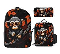 NWTRJ Ensemble sac à dos 3 pièces avec sac à déjeuner et trousse à crayons, sac à dos léger et décontracté pour homme et femme Motif singe sur branche rouge
