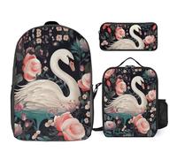 NWTRJ Floral Swan Ensemble sac à dos 3 pièces avec sac à déjeuner et trousse à crayons, sacs de voyage légers et décontractés pour homme et femme