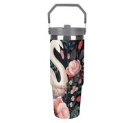 NWTRJ Floral Swan - Gobelet de 887 ml avec poignée sur le dessus - Tasse à café isotherme en acier inoxydable avec couvercle et paille - Bouteille d'eau étanche pour homme et femme