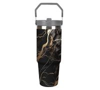 NWTRJ Gobelet de 887 ml avec poignée sur le dessus - Tasse à café isotherme en acier inoxydable avec couvercle et paille - Bouteille d'eau étanche pour homme et femme - Motif marbre noir doré