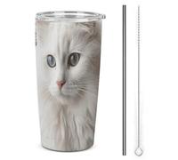 NWTRJ Gobelet isotherme en acier inoxydable avec couvercle et paille - Motif chat blanc mignon - 591 ml