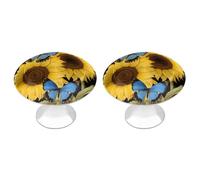NWTRJ Lot de 2 boutons d'armoire de cuisine ronds de style moderne avec tournesols jaunes et papillons bleus pour la maison, le bureau, la cuisine