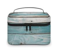 NWTRJ Sac de maquillage de voyage en bois de plage vintage couleur bleu ancien sac de maquillage portable étanche sac à maquillage en cuir PU sac de toilette pour femmes dames, style, 25 x 18 x 15 cm,