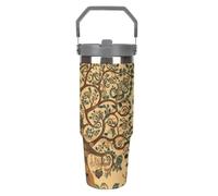 NWTRJ Tree Of Life - Gobelet de 887 ml avec poignée sur le dessus - Tasse à café isotherme en acier inoxydable avec couvercle et paille - Bouteille d'eau étanche pour homme et femme